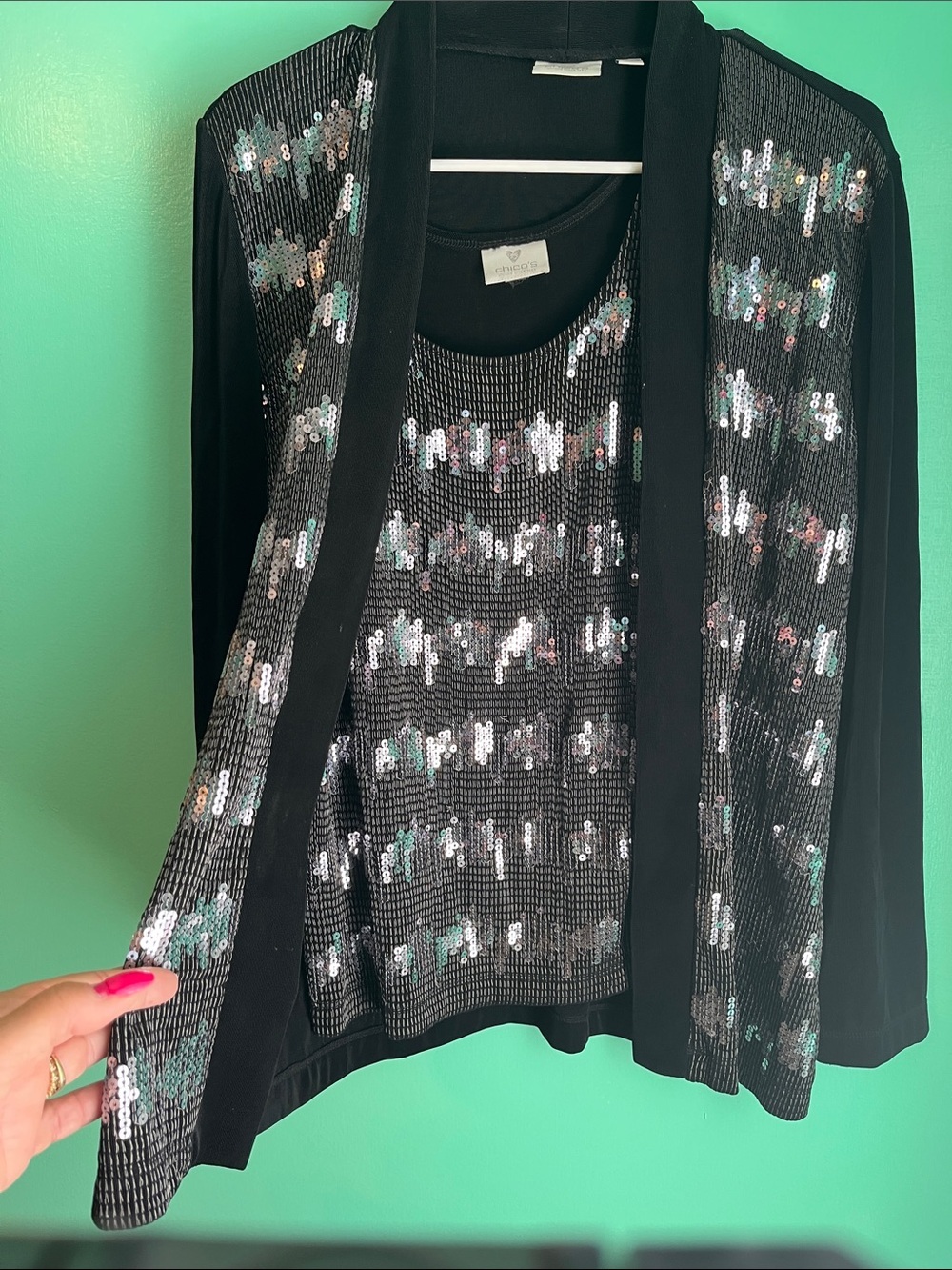 Chico's Black Sequin Open-Front Cardigan Set new